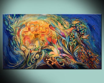 Sky Of Eternal City gallery wrapped canvas print based on Jewish art painting with Kabbalah symbols from Israeli artist Wall hangings decor