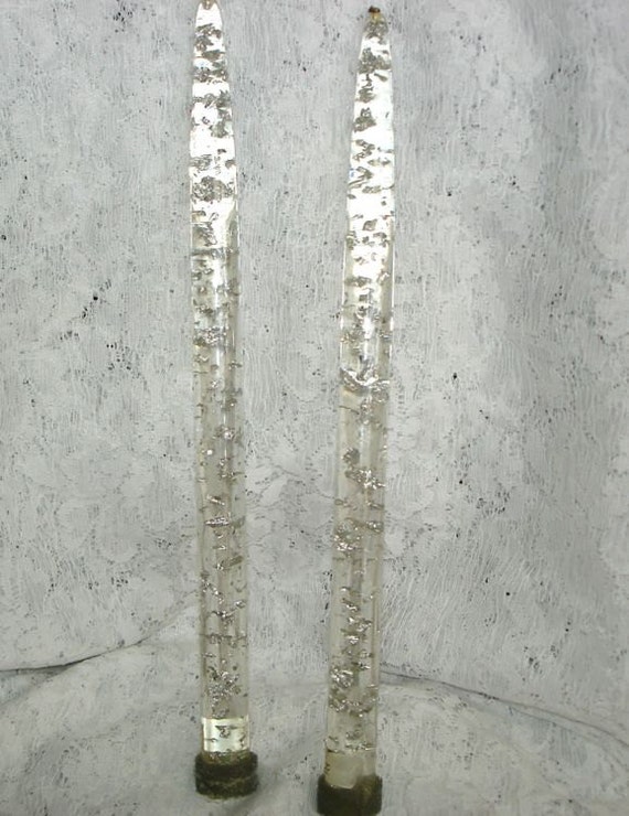 2 Vintage Silver Confetti Lucite Candles Candlesticks Mid