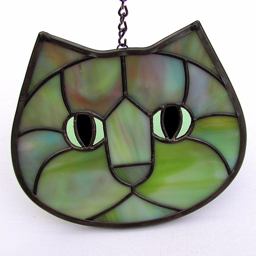 Stained Glass Cat Face Suncatcher Funky Green Purple Pink Blue 6362