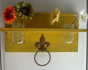 Shabby Primitive Mustard Yellow Bathroom or Kitchen Fleur de Lis Towel Rings Shelf with Mason Jar