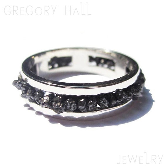 Black Diamond Ring Sterling Silver Raw Uncut Wedding Band Jewellery