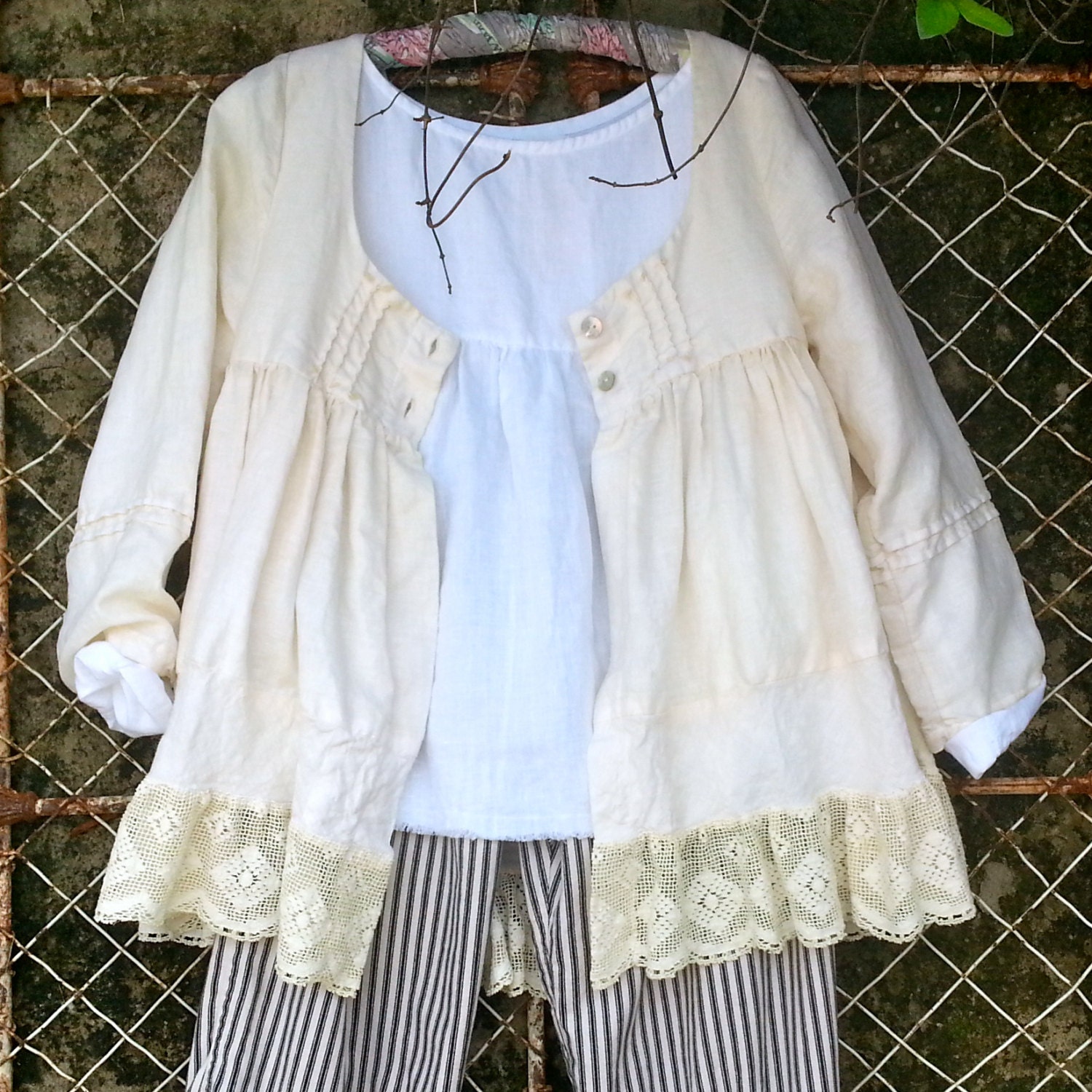 ON SALE Small Linen Jacket with Vintage Lace
