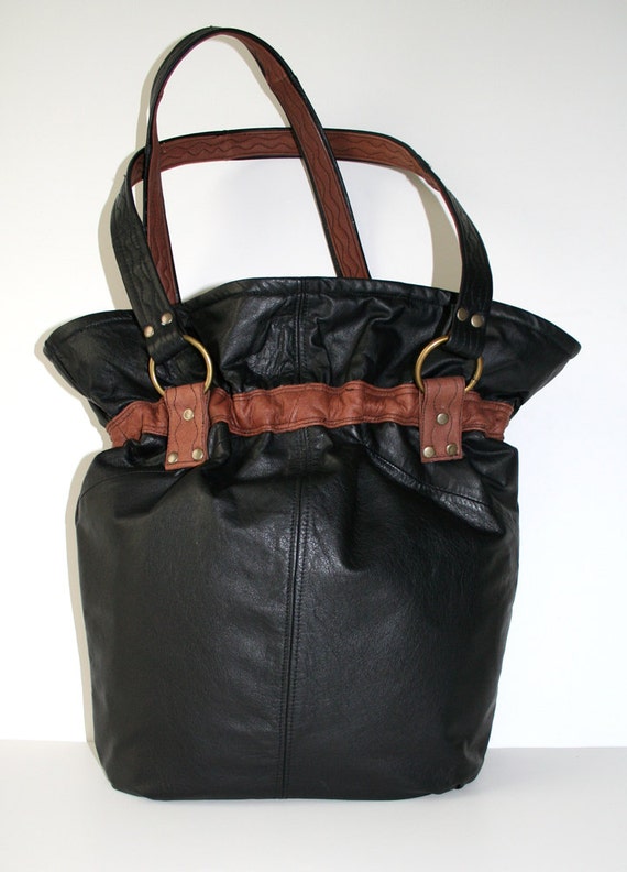 ON SALE Black and Brown Repurposed Leather Handbag Purse Tote