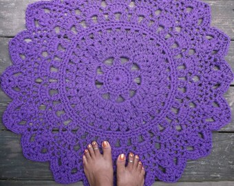 Purple Cotton Crochet Doily Rug in 30" Circle Lacy Pattern
