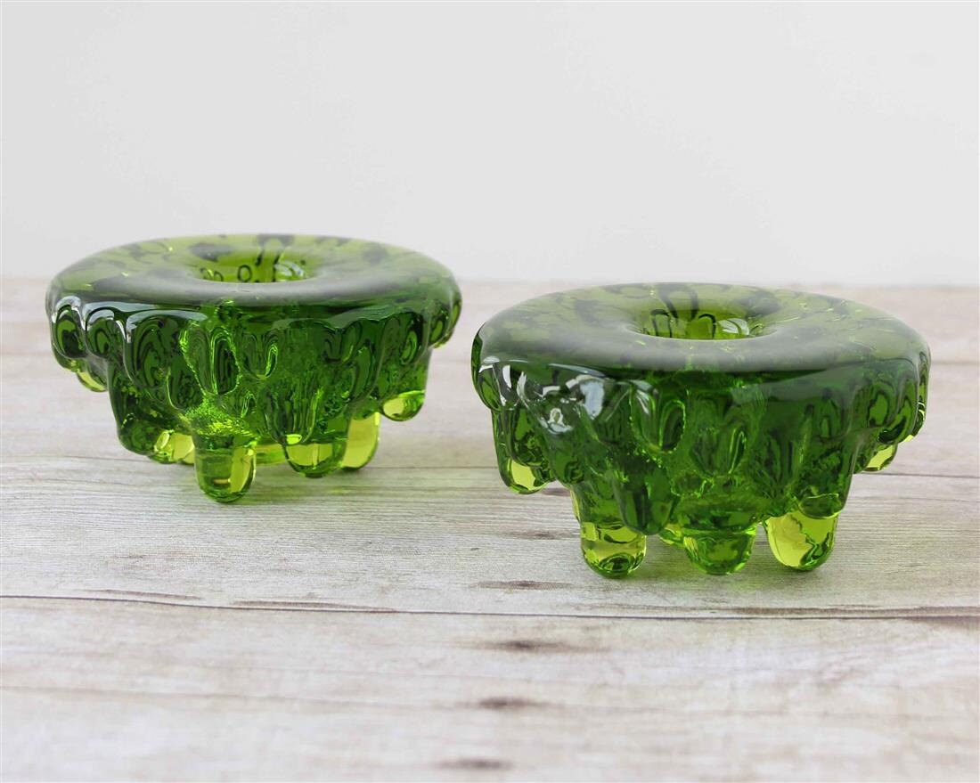 Vintage Green Candle Holders / Emerald Glass Drip Lava Bubble