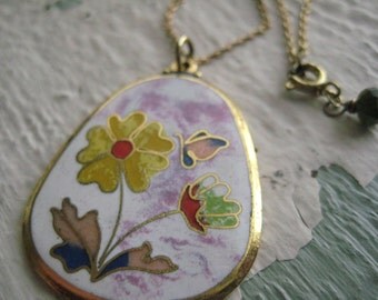 Spring Flower Necklace No. 2- Brass, Vintage, Enamel Pendant