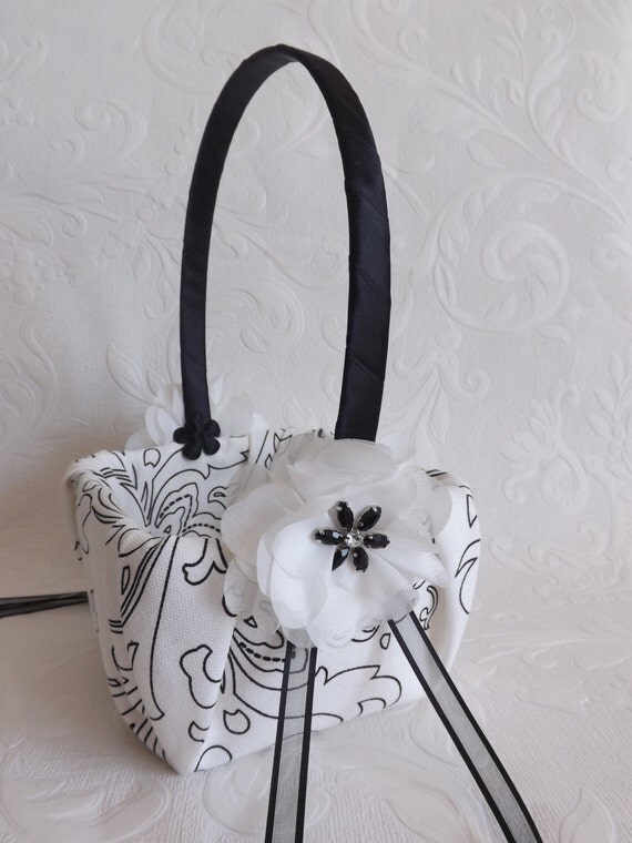 Black White Damask Wedding Flower Girl Basket Chiffon Roses