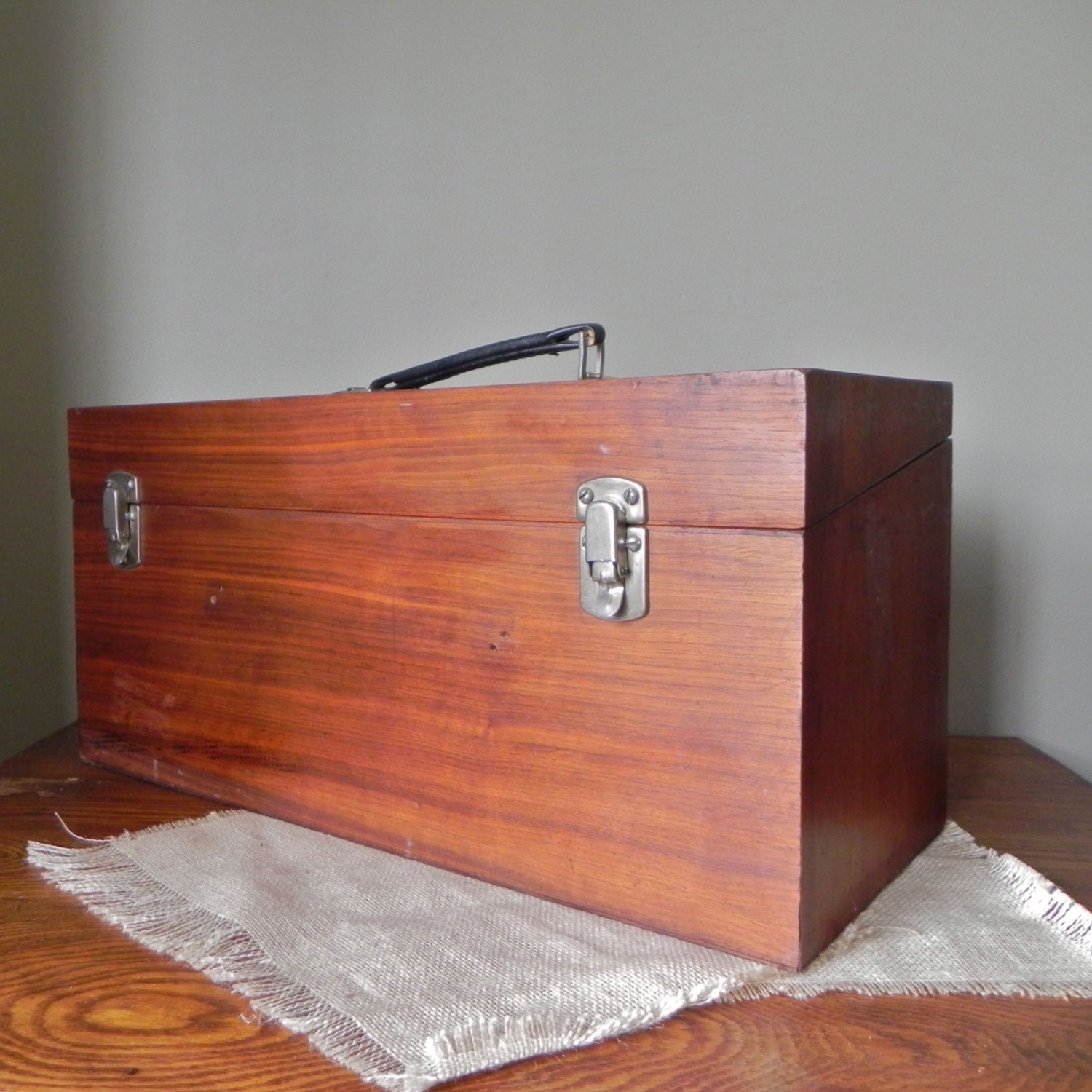 SALE Vintage wood tool box chest with leather handle