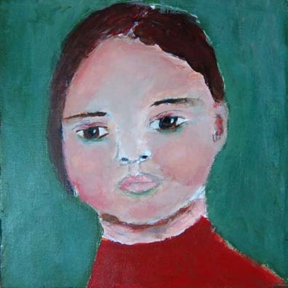 Acrylic Portrait Painting Monkey Mind Girl, Face, Green 6x6 canvas board