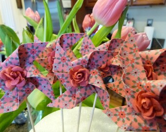Pretty Pink Print Pinwheel Cupcake Flags - 12 Fabric Cake Toppers, use for a Birthday, Bridal Shower or a party
