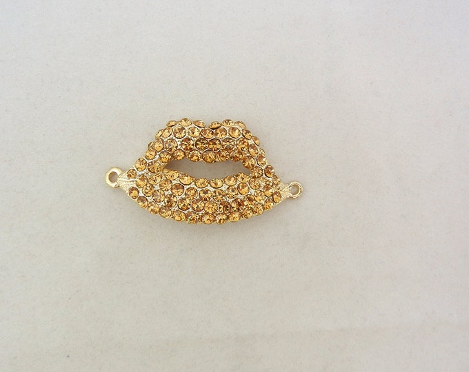 Topaz Rhinestone Lips Double Link Charm Gold-tone