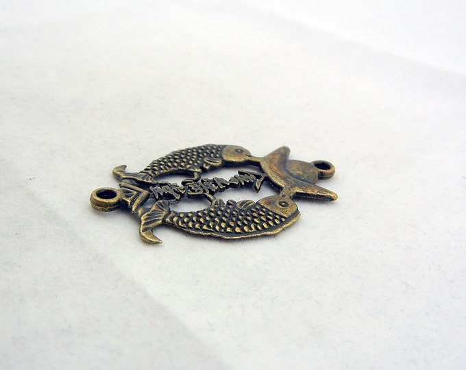 Antique Brass-tone Asian Double Fish Double Link Pendant Charm