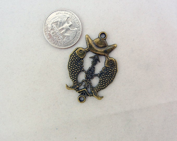 Antique Brass-tone Asian Double Fish Double Link Pendant Charm