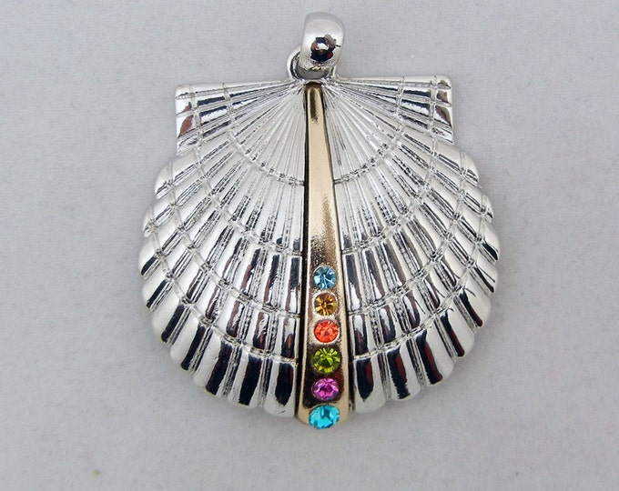 Two-tone, Silver-tone Seashell Pendant with Gold-tone Center Multi Colored Rhinestones