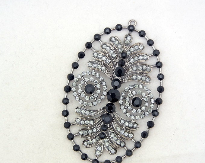 Large Oval Hematite-tone Gray and Black Rhinestones Pendant