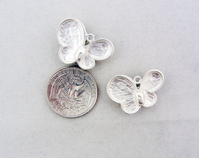 Pair of Small Matte Silver-tone Butterfly Charms Gray Rhinestones