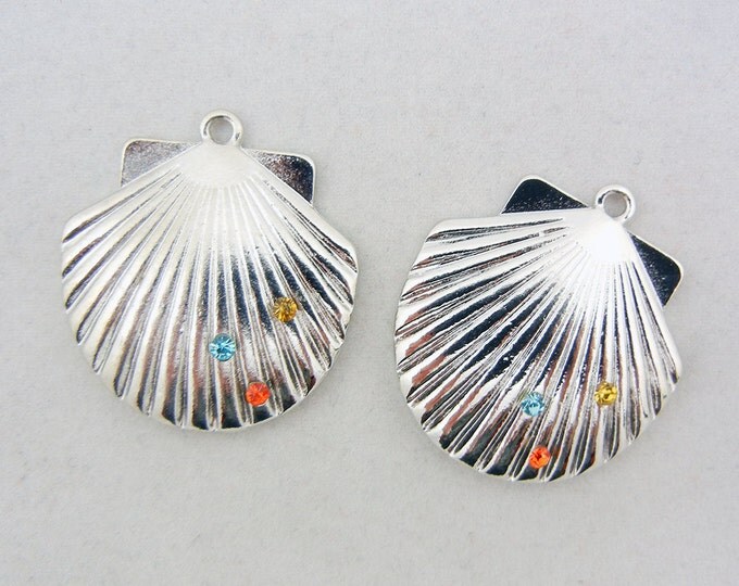 Pair of Silver-tone Shell Charms with Multi Colored Rhinestones