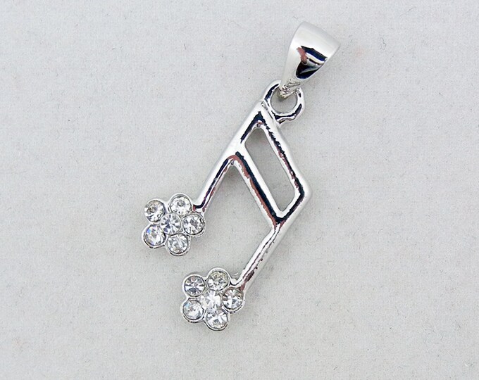 Small Silver-tone Rhinestone Musical Note Charm with Floral Theme Pendant