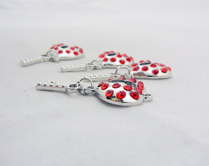 Set of 4 Silver-tone Red Rhinestones Heart Lock and Key Charms