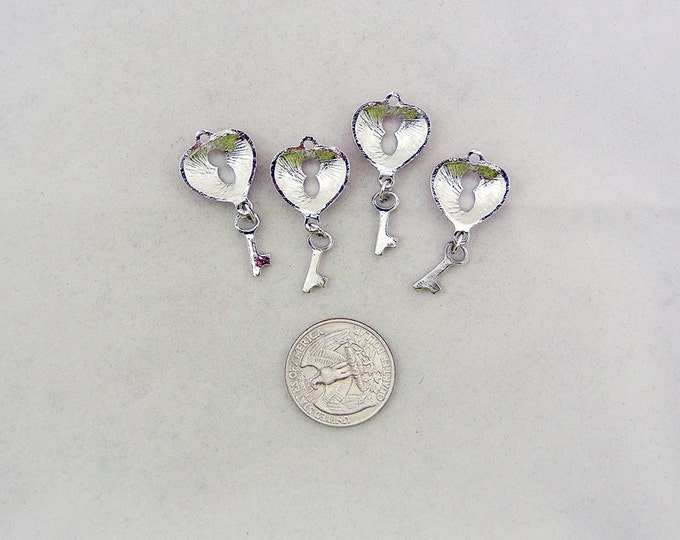 Set of 4 Silver-tone Red Rhinestones Heart Lock and Key Charms