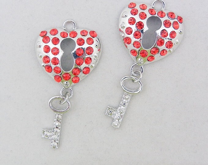 Pair of Heart Shaped Lock and Key Charms Silver-tone Red Rhinestones