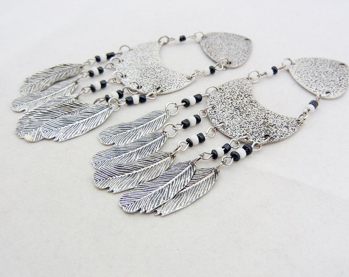 Pair of Antique Silver-tone and Seed Bead Feather Drop Charms