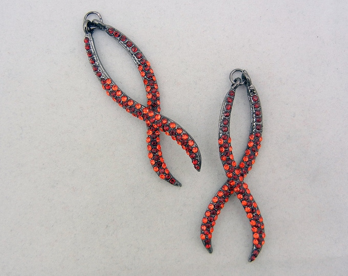 Pair of Hematite Red Rhinestone Ribbon Drops