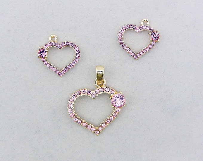 Set of Outline Pink Rhinestone Heart Charms and Pendant Gold-tone