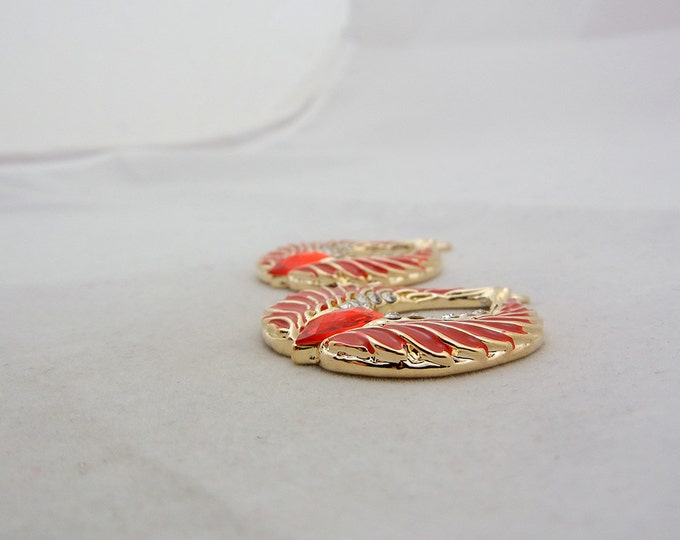 Pair of Double Wing Charms Red Epoxy Gold-tone Rhinestones