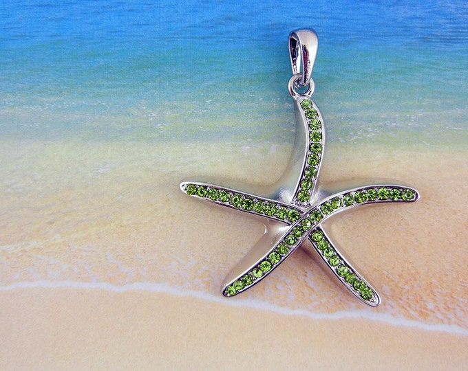 Silver-tone Starfish Pendant Green Rhinestones