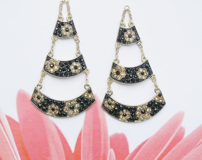 Pair of 3 Tiered Floral Topaz and Black Rhinestone Drop Charms Gold-tone