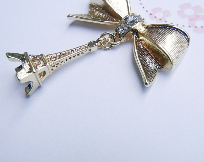 Gold-tone Bow and Eiffel Tower Pendant Rhinestones