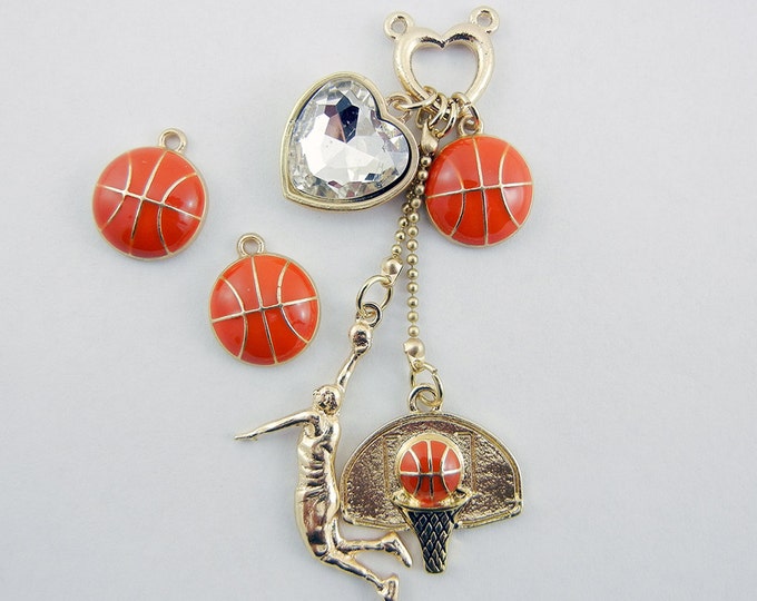 Set of Gold-tone with Orange Epoxy Basketball Charms and Pendant