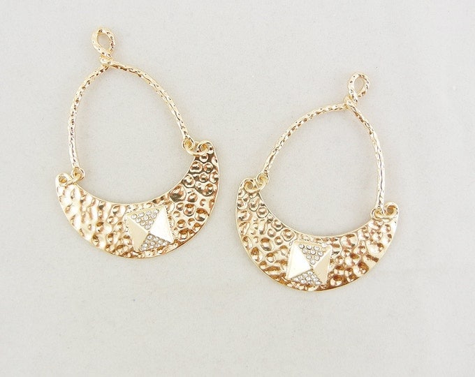 Pair of Gold-tone Crescent Shape Drop Charms Tribal with Rhinestone Pyramid