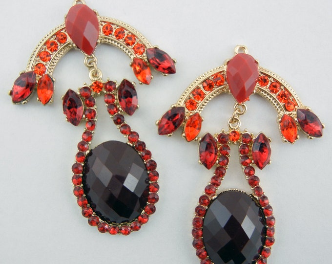 Pair of Red Rhinestone Chandelier Drop Charms Gold-tone