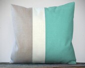 20in Color Block Pillow in Mint, Cream and Natural Linen by JillianReneDecor  Turquoise Home Decor Colorblock Stripe Trio Grayed Jade Pastel