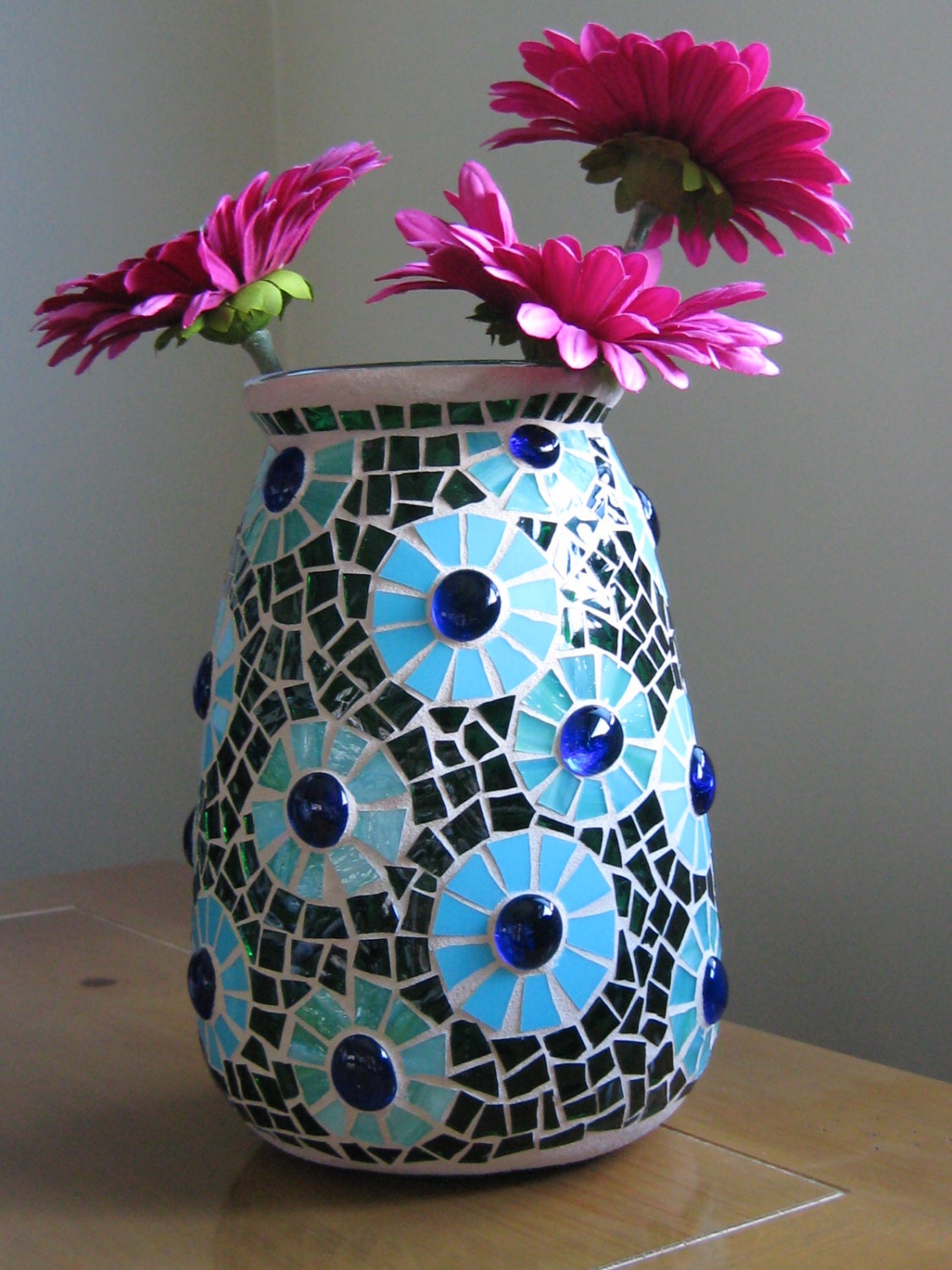 Stained Glass Mosaic Vase In Green Aqua Turquoise Reserved For 3630