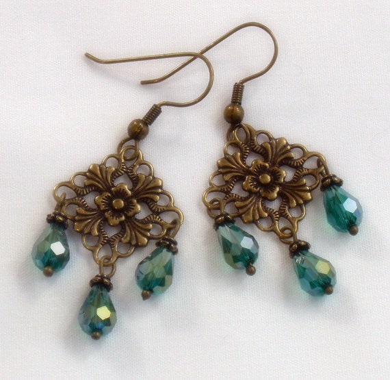 Filigree Emerald Teardrop Earrings Antique Brass Ornate