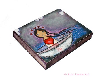 Sailing with you - Giclee print mounted on Wood (5 x 7 inches) Folk Art by FLOR LARIOS