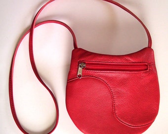 Red Leather Purse - Medium Round Festival Bag - Bright Red Leather Handbag - Crossbody Style