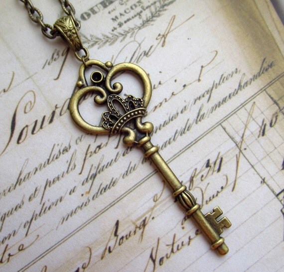 Large Skeleton Key Necklace in Antique Brass Finish Ornate