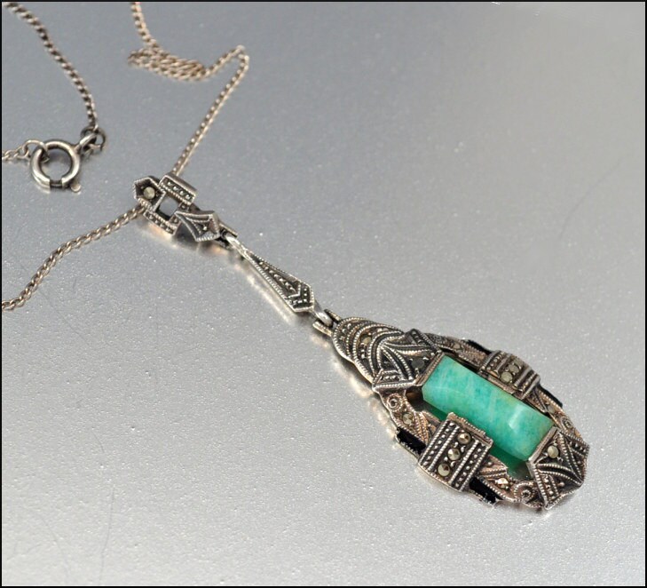 Art Deco Necklace Marcasite Jade Sterling Silver Enamel