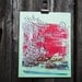 tropical sunset cityscape monoprint - poppy red on mint "Cliffhanger" (8x10)
