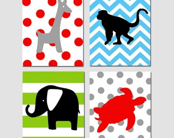 Animal Jungle Quad - Set of Four 8x10 Safari Prints - Kids Wall Art for Nursery - Giraffe, Elephant, Monkey, Turtle - CHOOSE YOUR COLORS