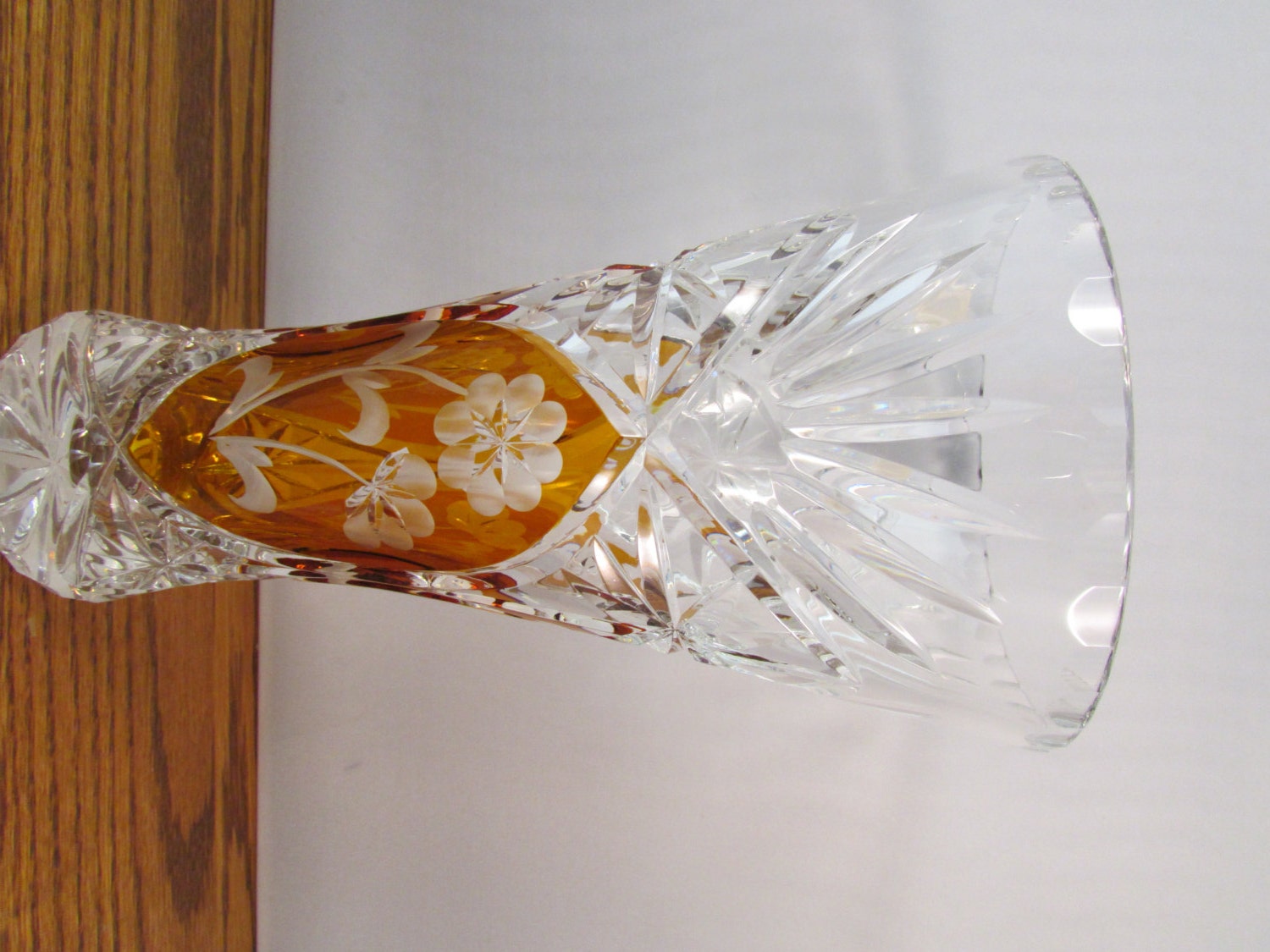 Vintage Julia Polish Lead Cut Crystal Vase Amber Glass Cut To