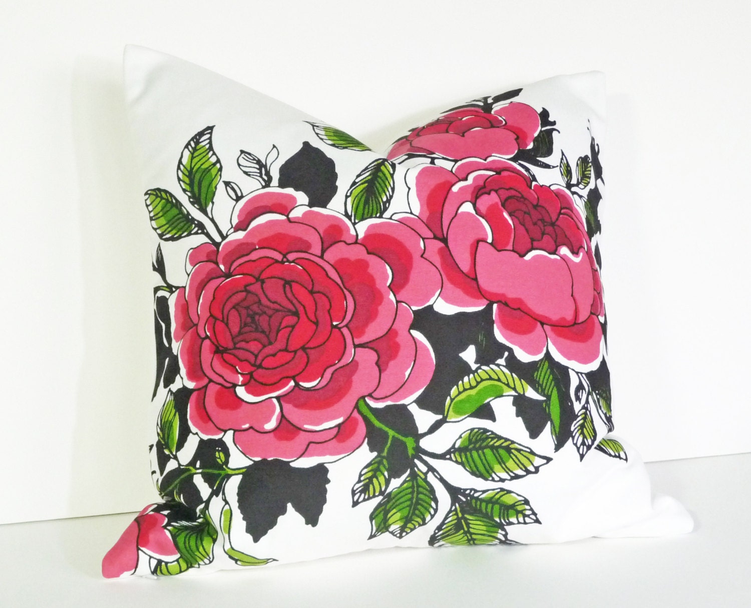 Pink Floral Pillow Romantic Pillow Large Flowers Black