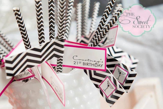 Black and White CHEVRON 21st Birthday Party Printable Drink Flags Il_570xn