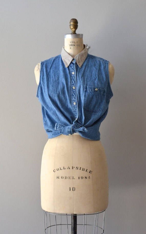 sleeveless denim shirt / collared denim top / vintage Ally top