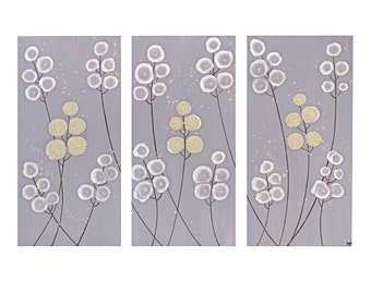 Purple Nursery Wall Art - Textured Flower Painting on Triptych Canvas - Medium 32x20