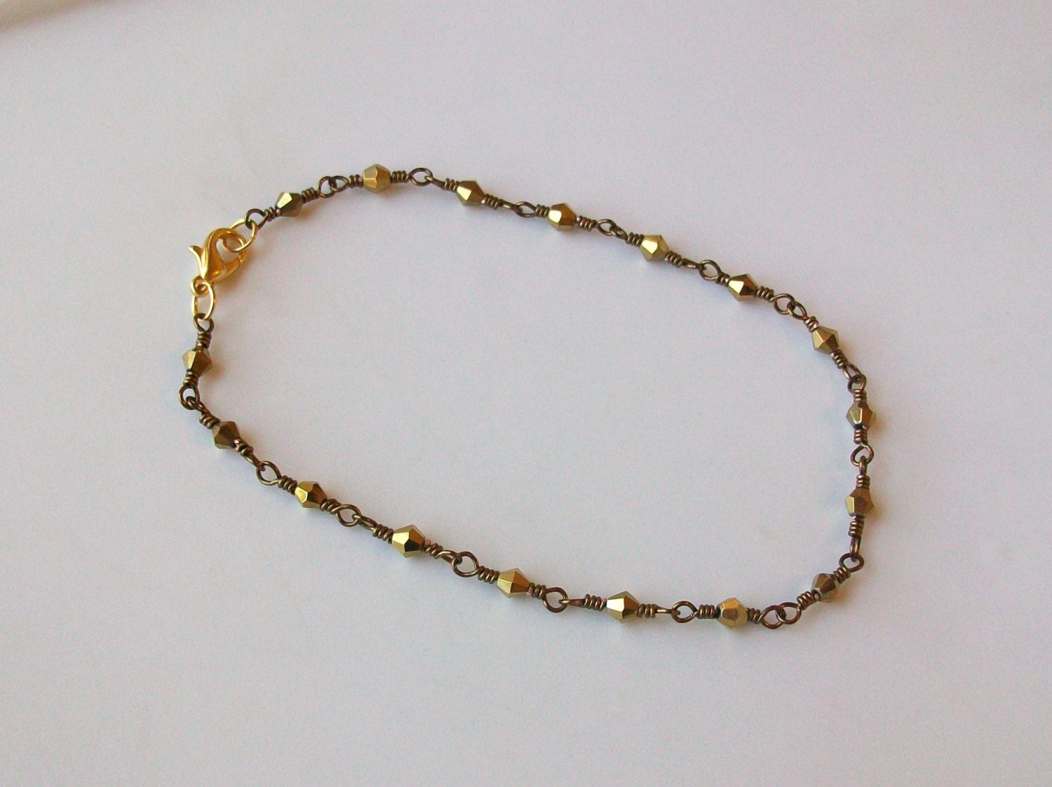Metallic Gold Czech Crystal Wire Wrapped Chain Link Anklet - Ankle Bracelet
